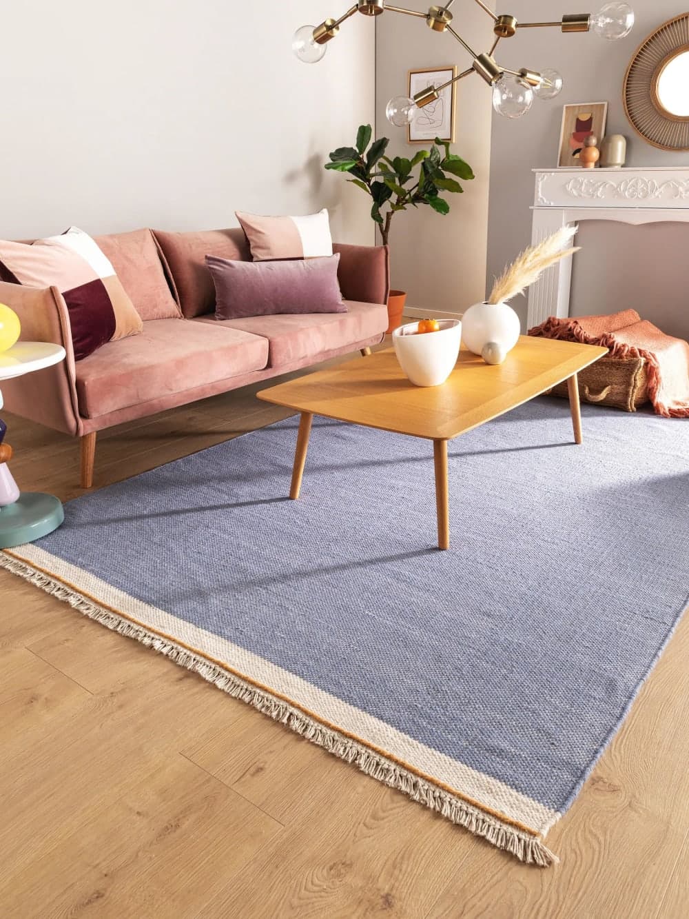 Alfombra de lana azul 160x230 con flecos