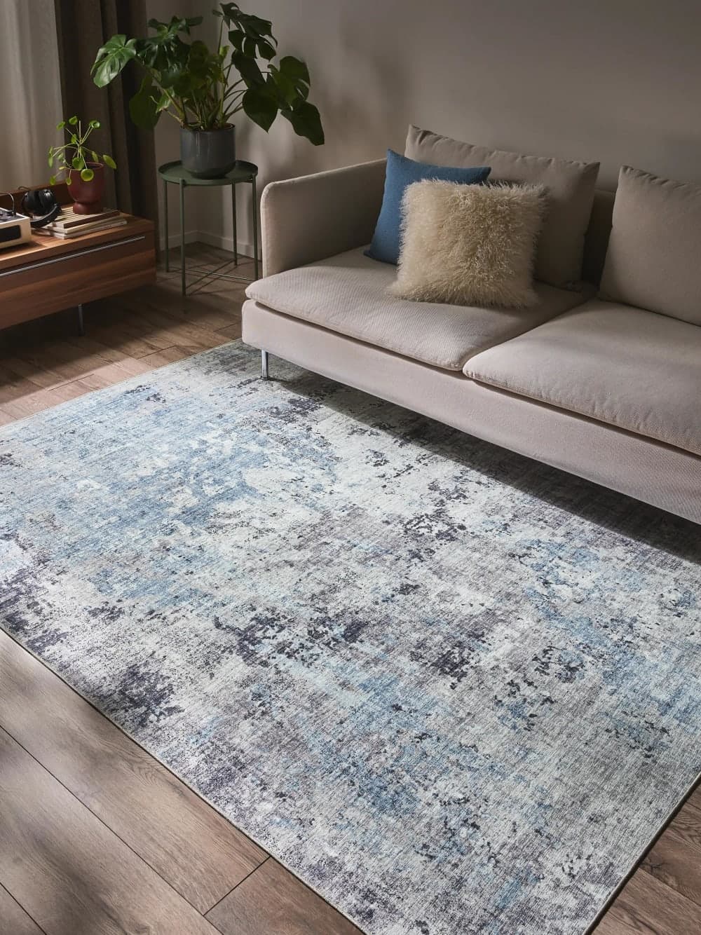 Alfombra rectangular gris y azul efecto desgastado 200x300