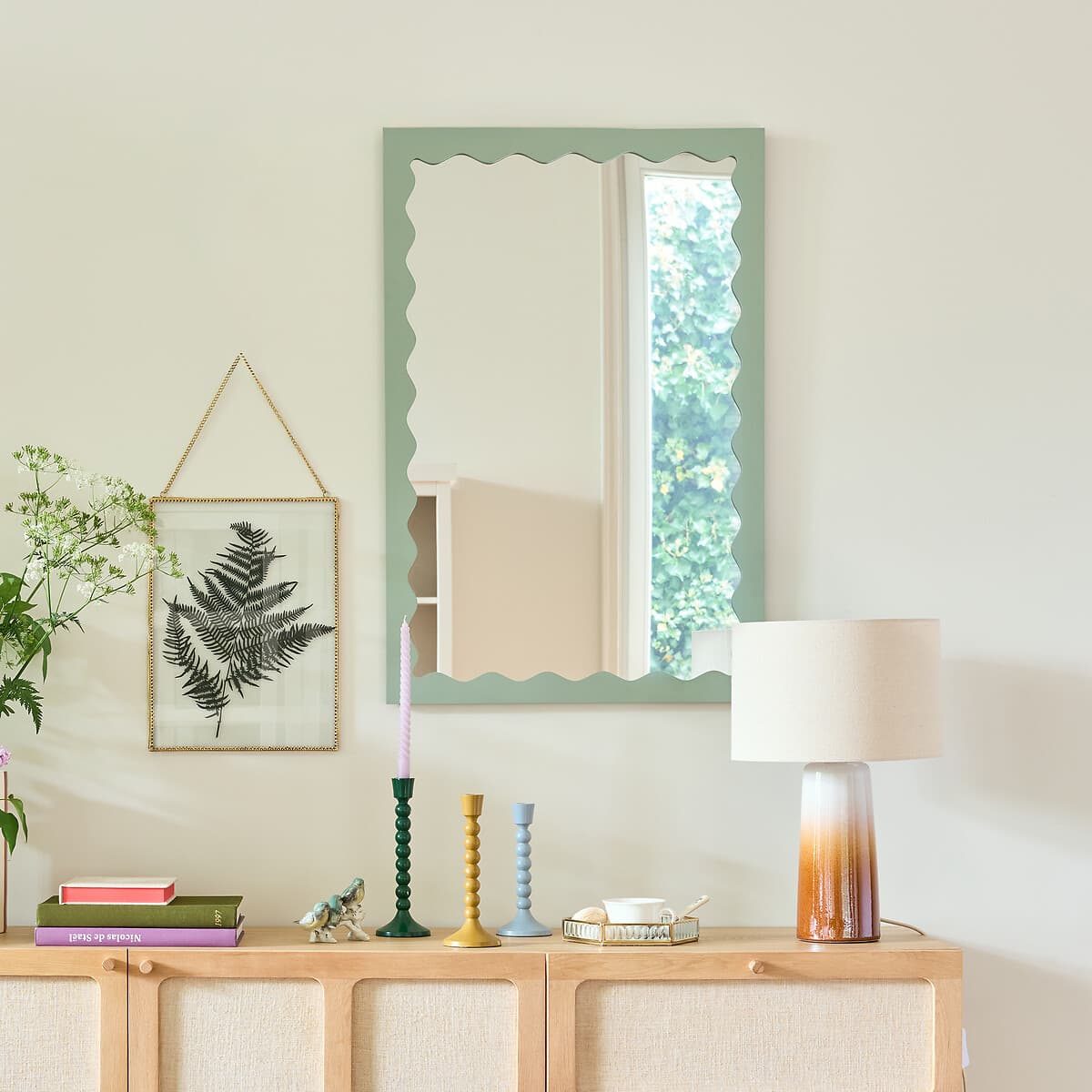 espejo pared borde ondulado, espejo rectangular marco verde