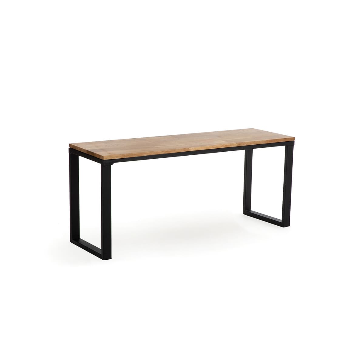 Banco de madera clara y estructura metálica negra