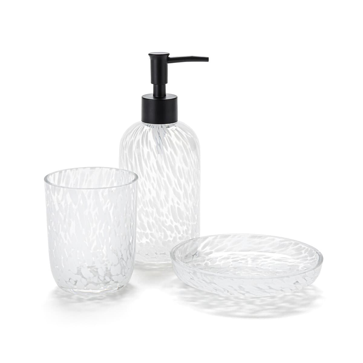 Set de baño de vidrio transparente con dosificador negro