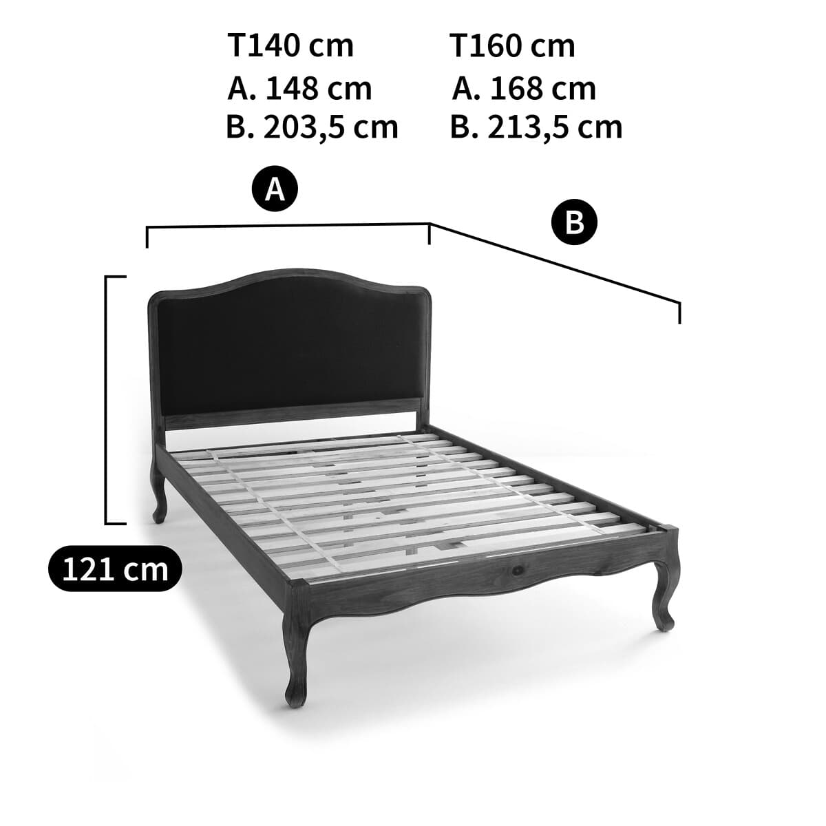 Estructura de cama de madera con cabecero tapizado negro