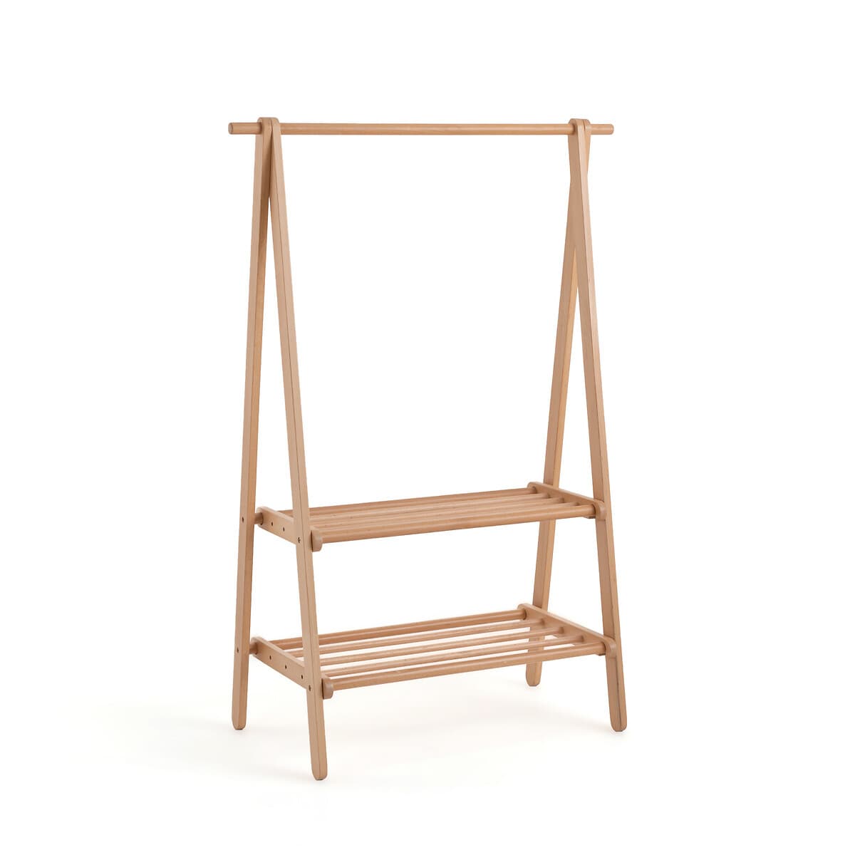 Perchero de madera natural con estantes