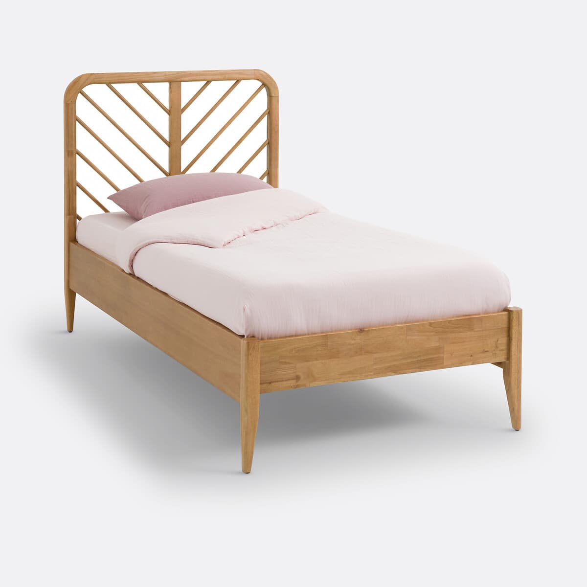Cama individual de madera con cabecero decorativo