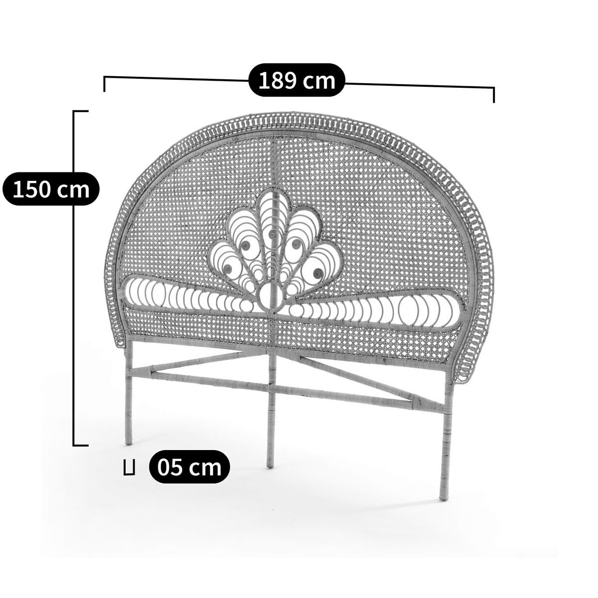 Cabecero de cama de ratán gris con forma de abanico