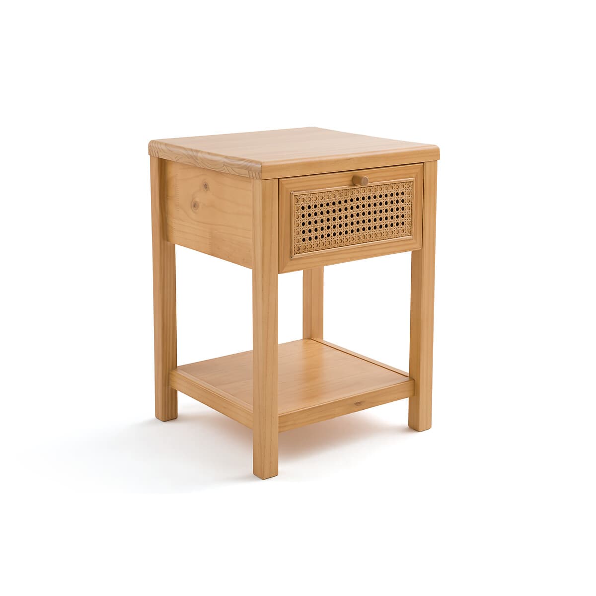Mesita de noche de madera con cajón de ratán