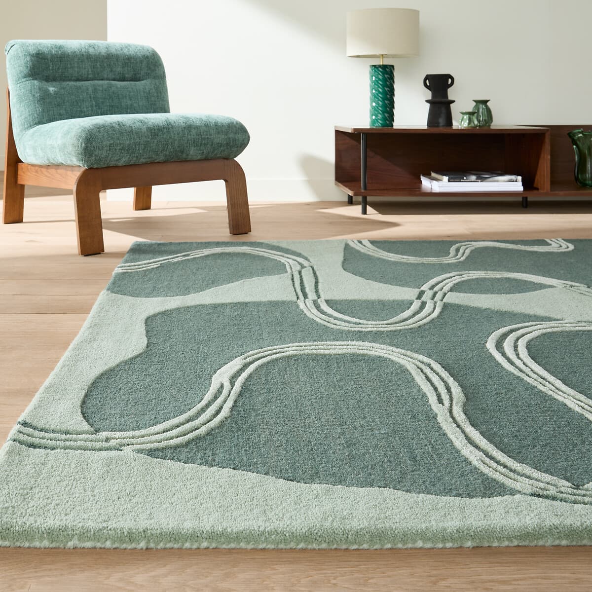 alfombra lana verde diseño, alfombra salón moderna