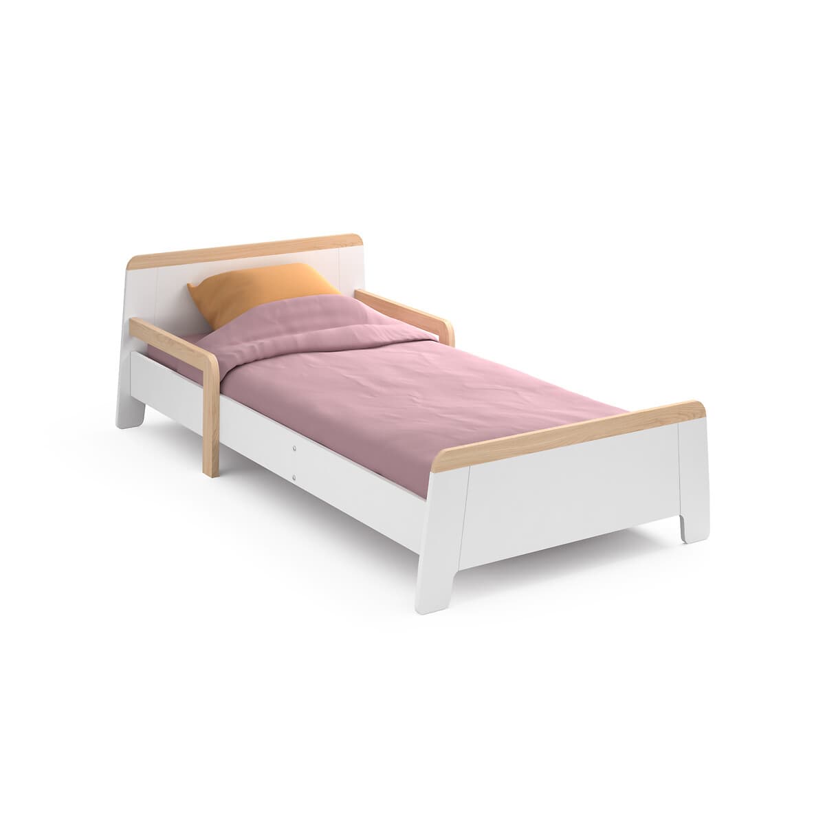 Cama infantil blanca con detalles en madera clara