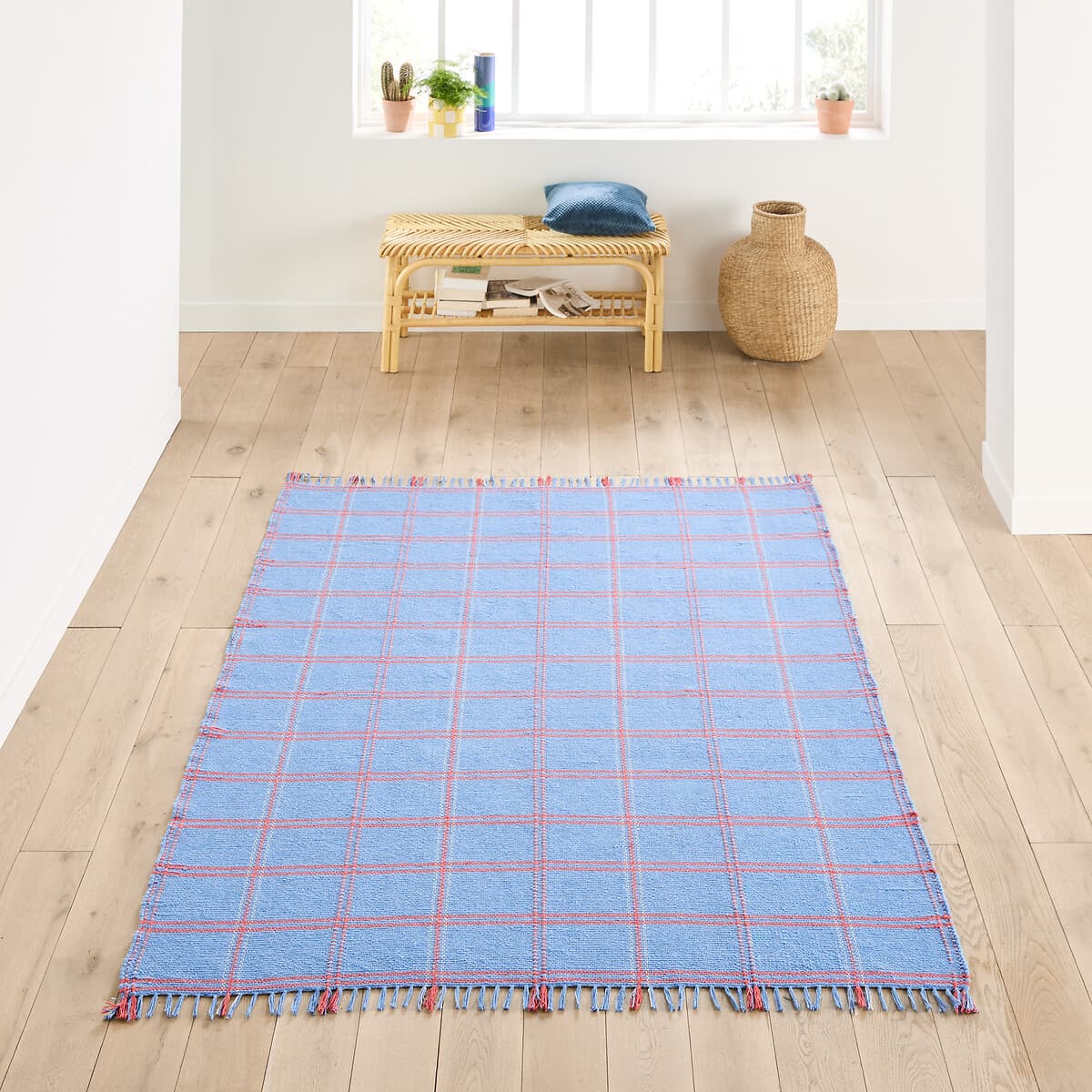 Alfombra de algodón a cuadros azul y rojo