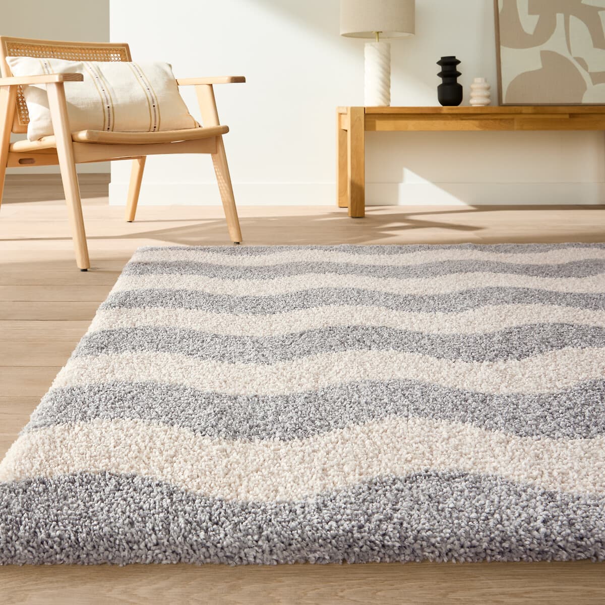 alfombra lana rayas, alfombra salon gris blanco