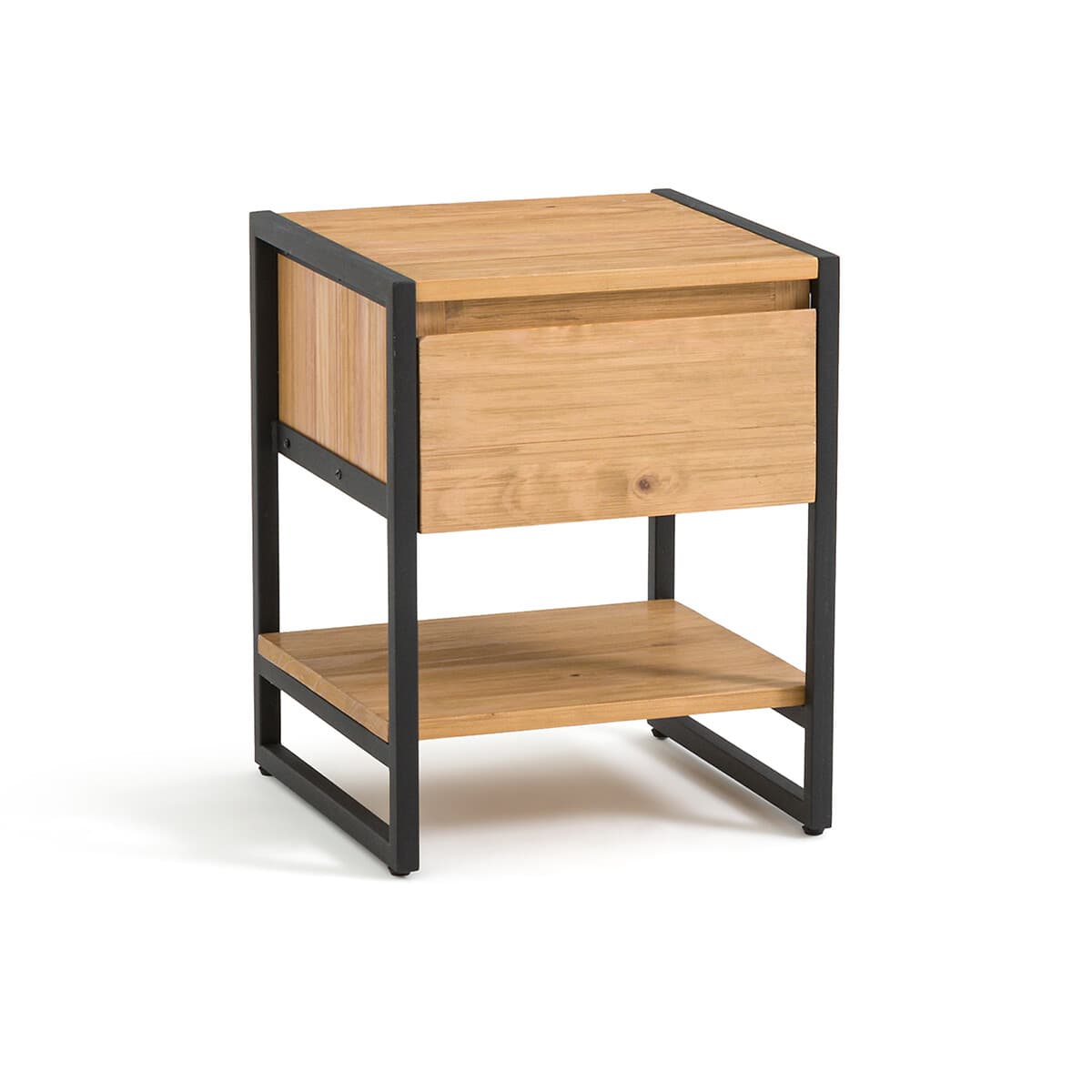 Mesita de noche con cajón de madera clara y estructura metálica