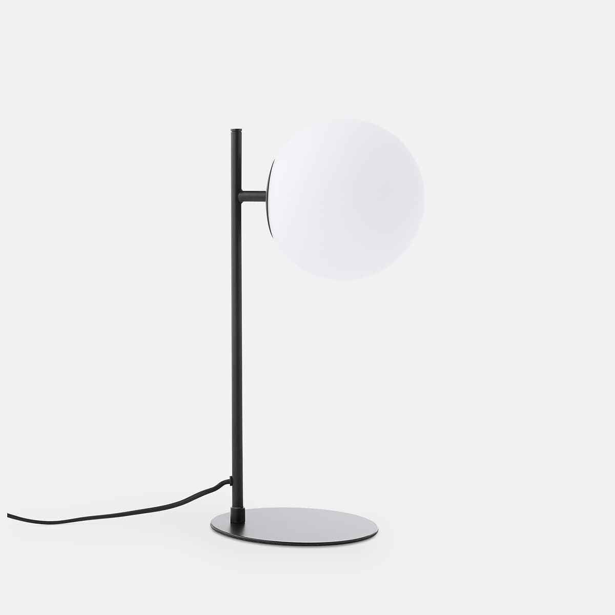 Lámpara de mesa esférica blanca con base negra