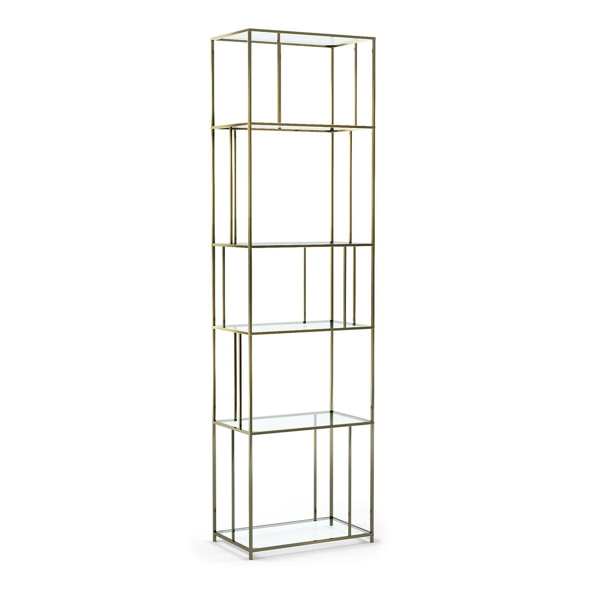 Estantería alta dorada con estantes de cristal