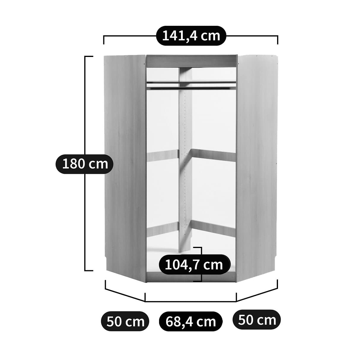 Armario esquinero gris con estantes