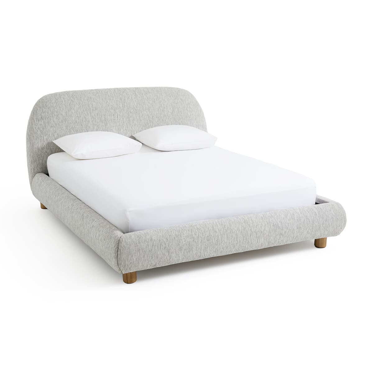 Cama tapizada gris con cabecero curvo