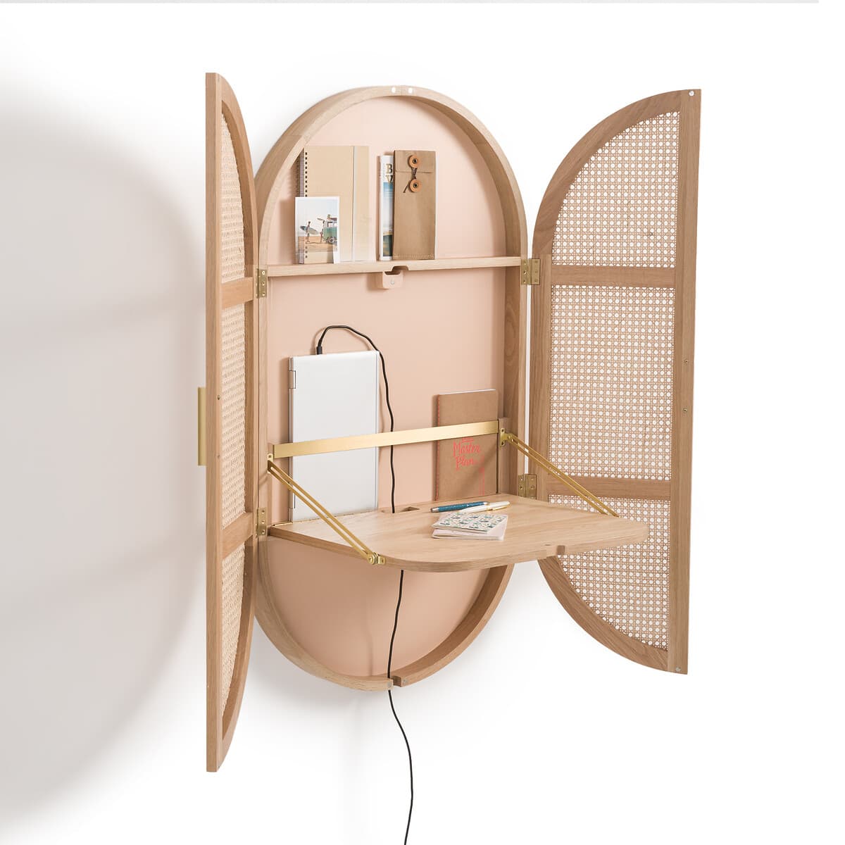 escritorio plegable pared madera, escritorio madera claro ratán