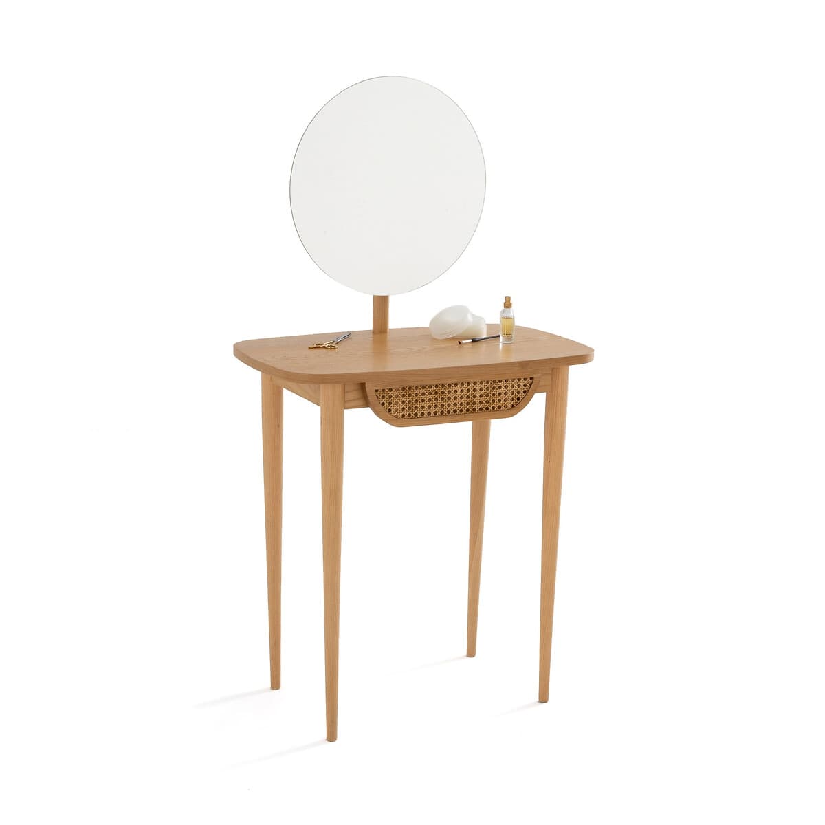 Tocador de madera con espejo redondo