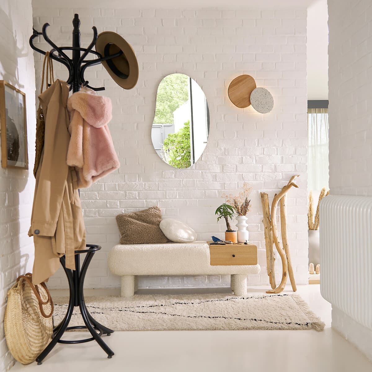 banco entrada borreguito, banco recibidor madera clara