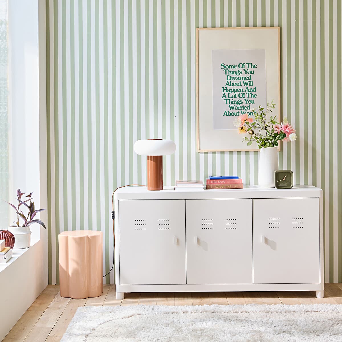 aparador blanco estilo industrial, mueble almacenamiento metal blanco