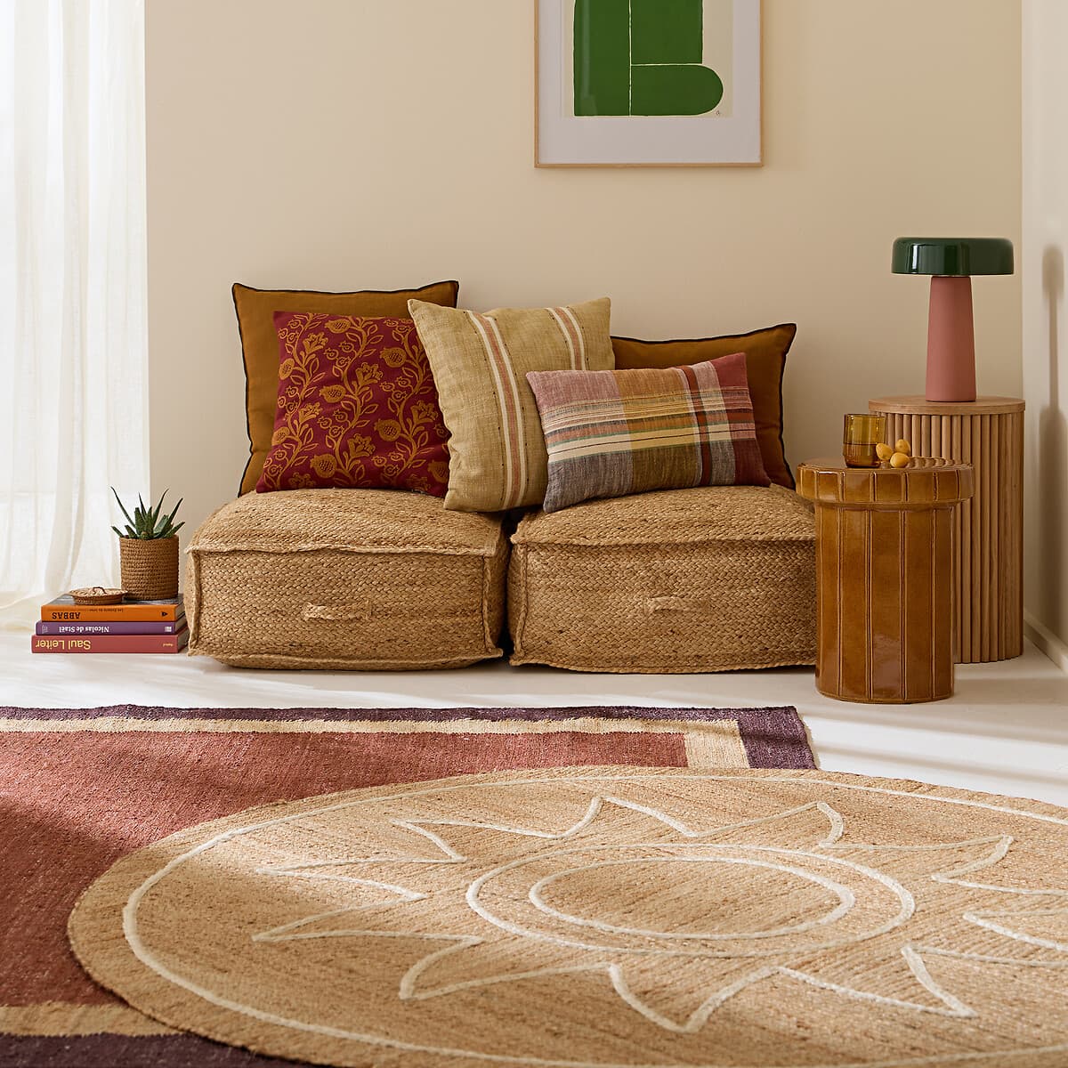 alfombra yute redonda, alfombra yute diseño sol