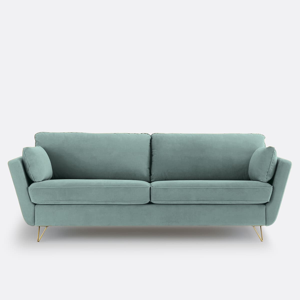 Sofá de terciopelo verde agua con patas doradas