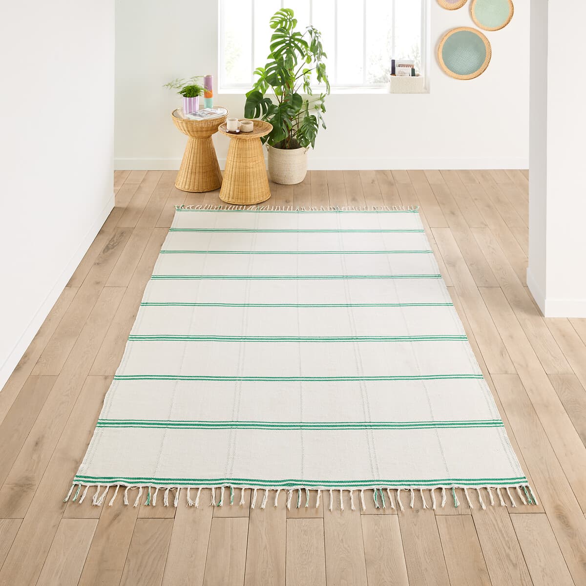 alfombra algodón rayas verdes, alfombra salón estilo nórdico