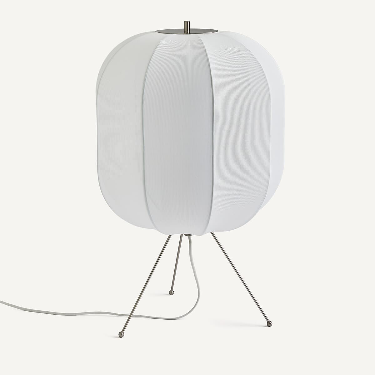 Lámpara de mesa blanca con trípode de metal