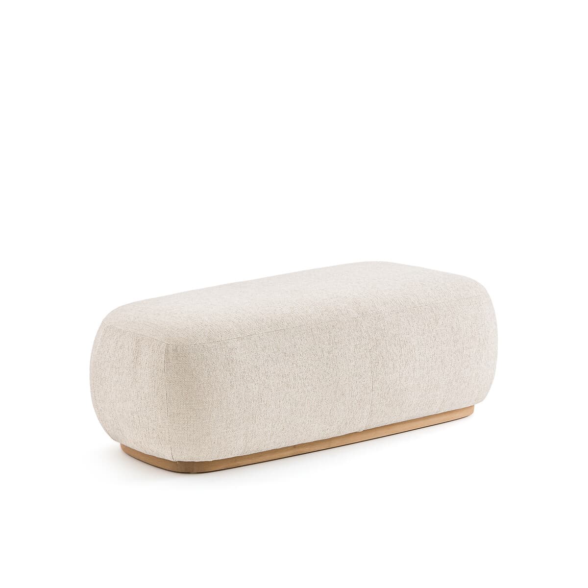 Banco tapizado beige con base de madera clara