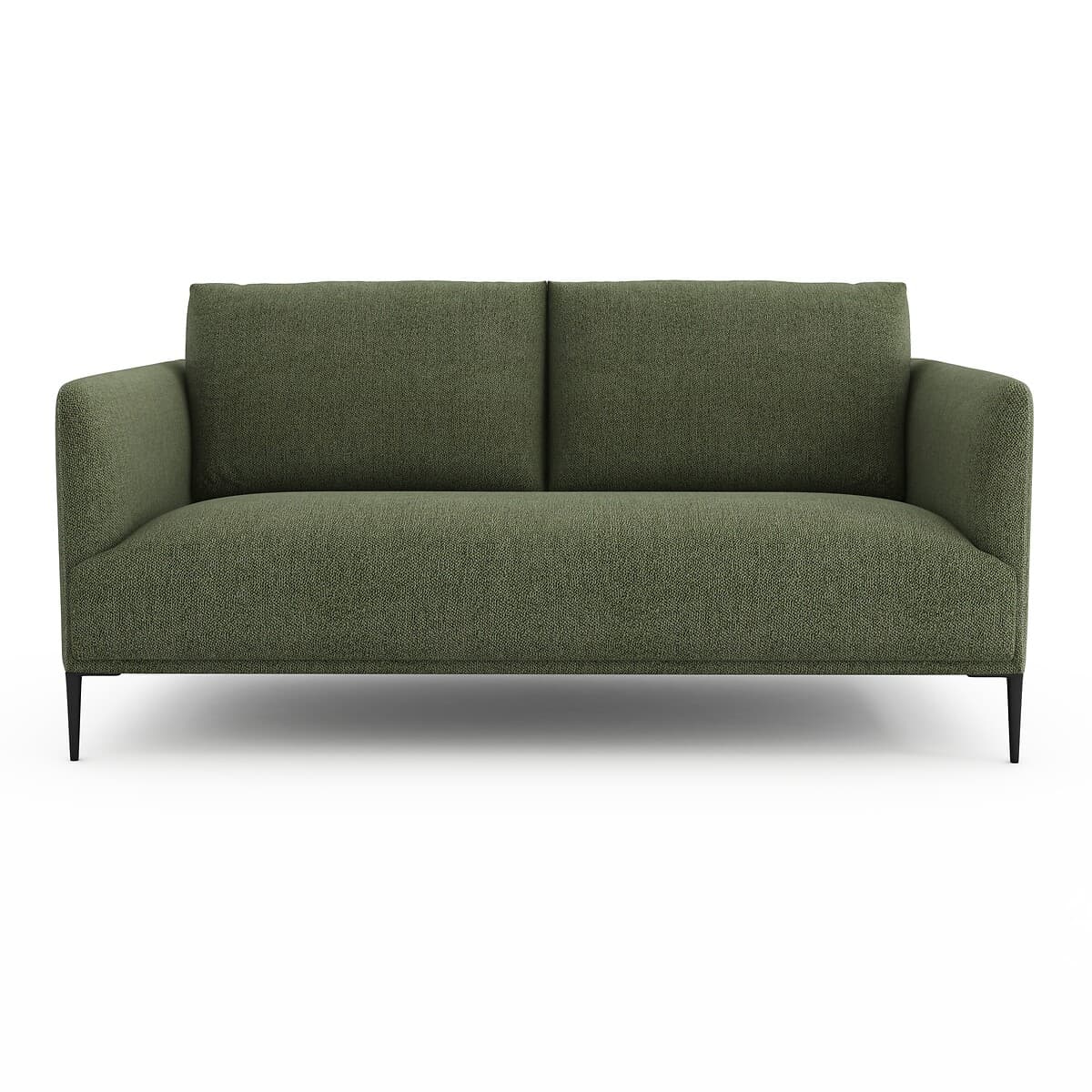 Sofá tapizado verde con patas de metal negro