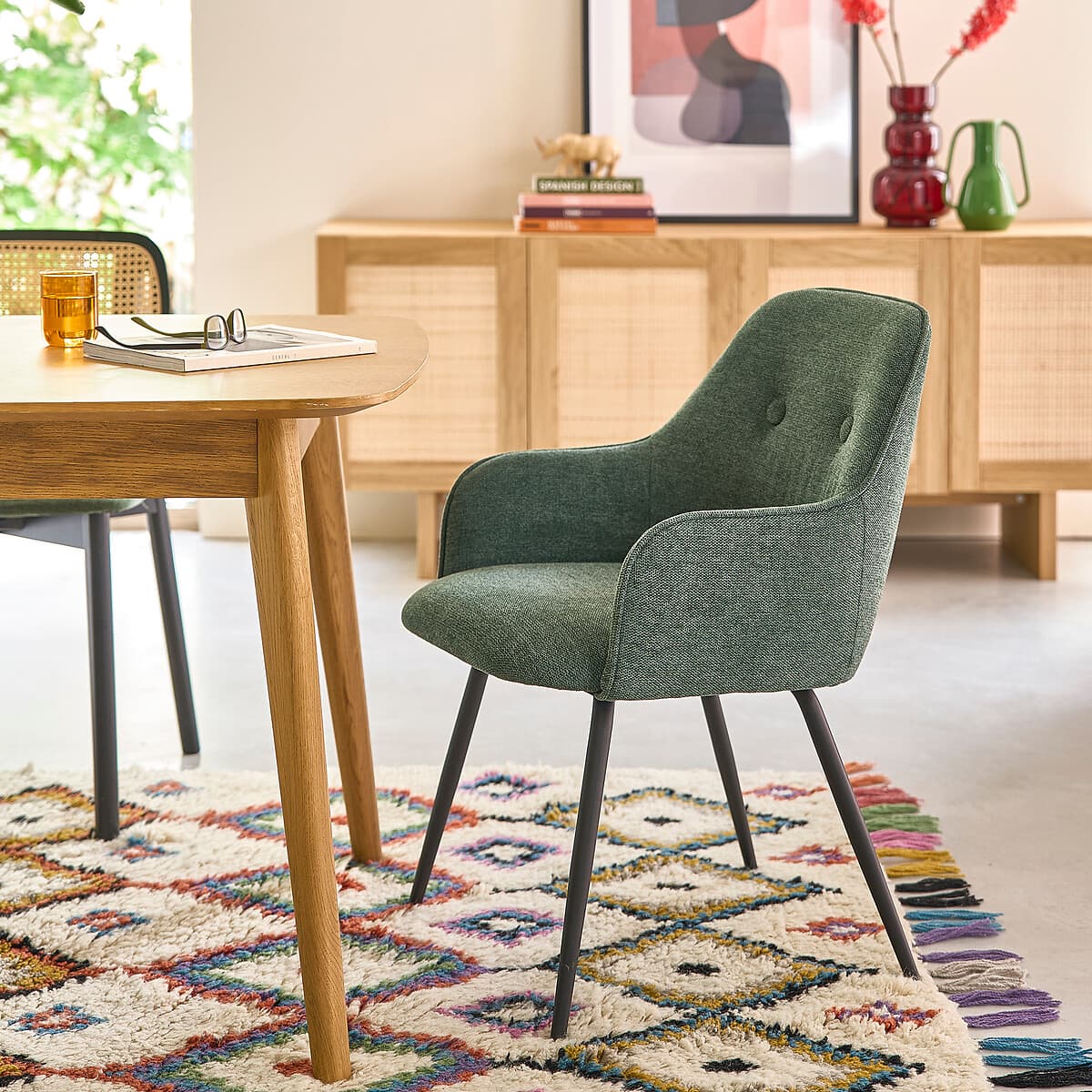 silla comedor verde tapizada, silla salon reposabrazos diseño