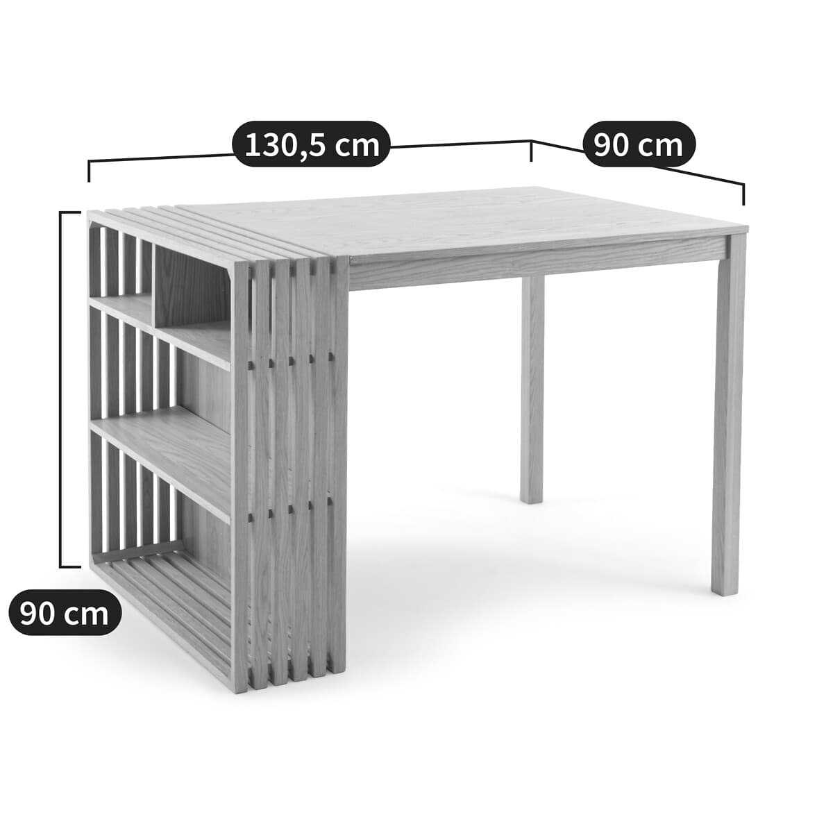 Mesa de comedor de madera con estantería lateral