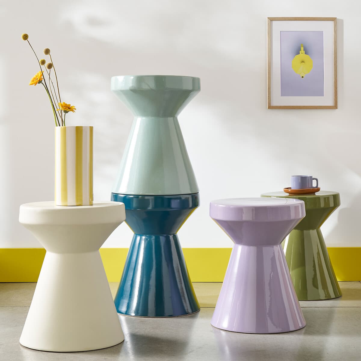 taburete cerámica moderno, taburete hourglass colores