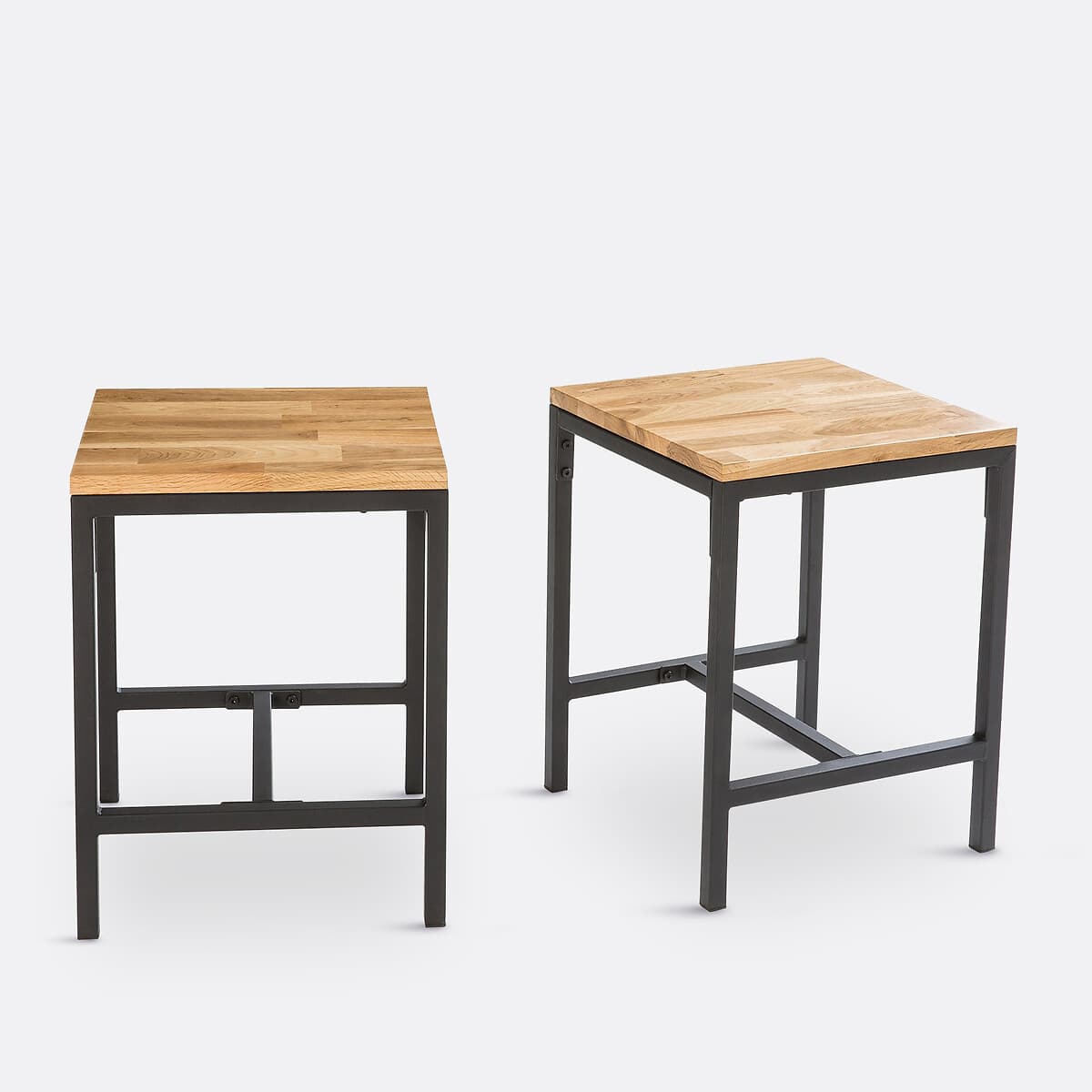 Taburete cuadrado de madera y metal negro