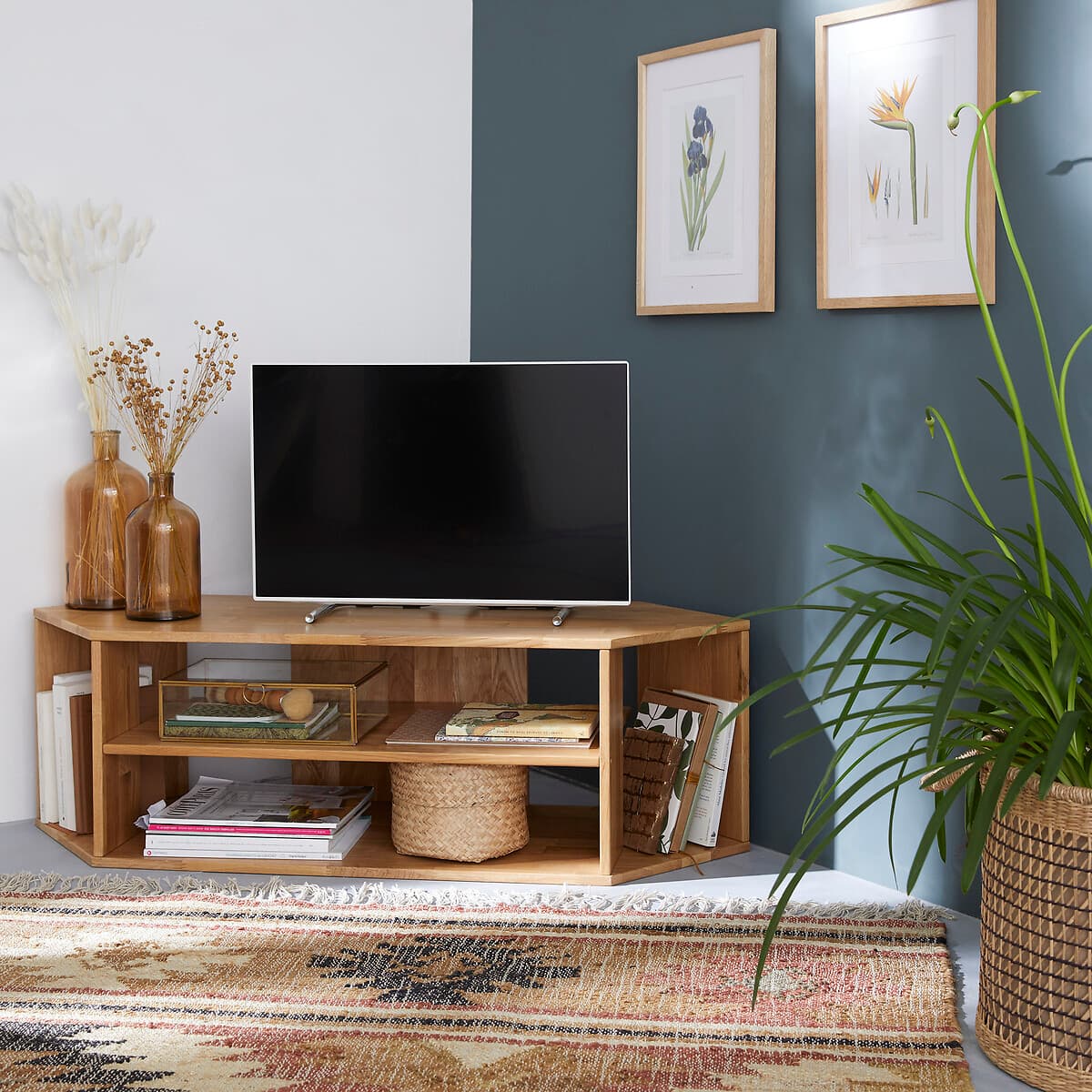 mueble tv esquinero madera clara, aparador esquinero madera