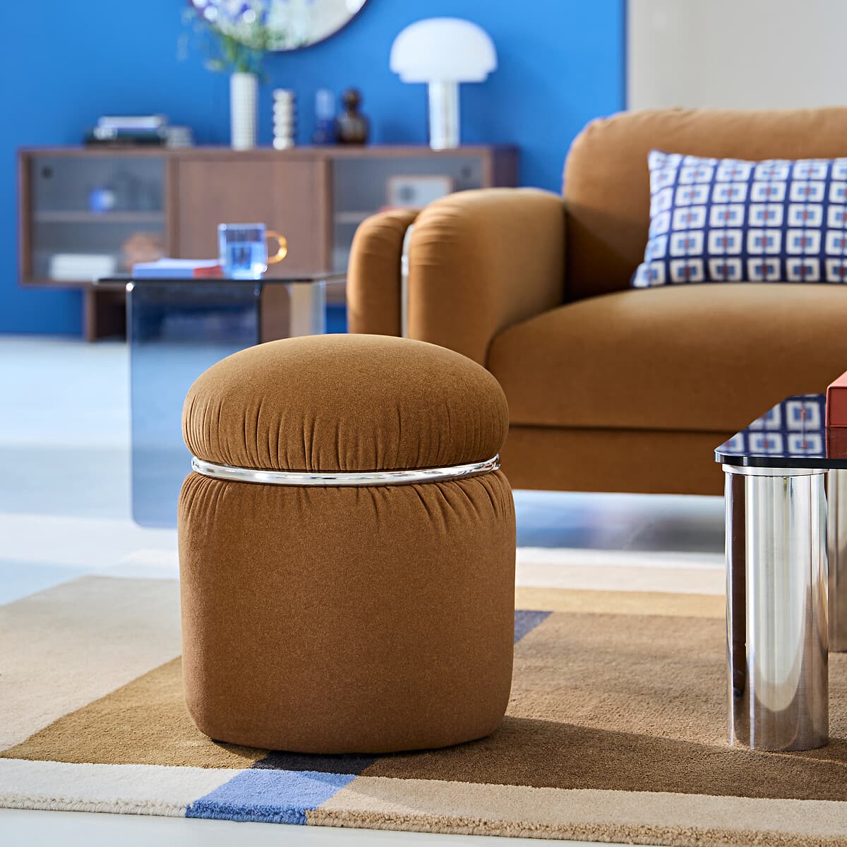 puf tapizado redondo marrón, puf moderno salón