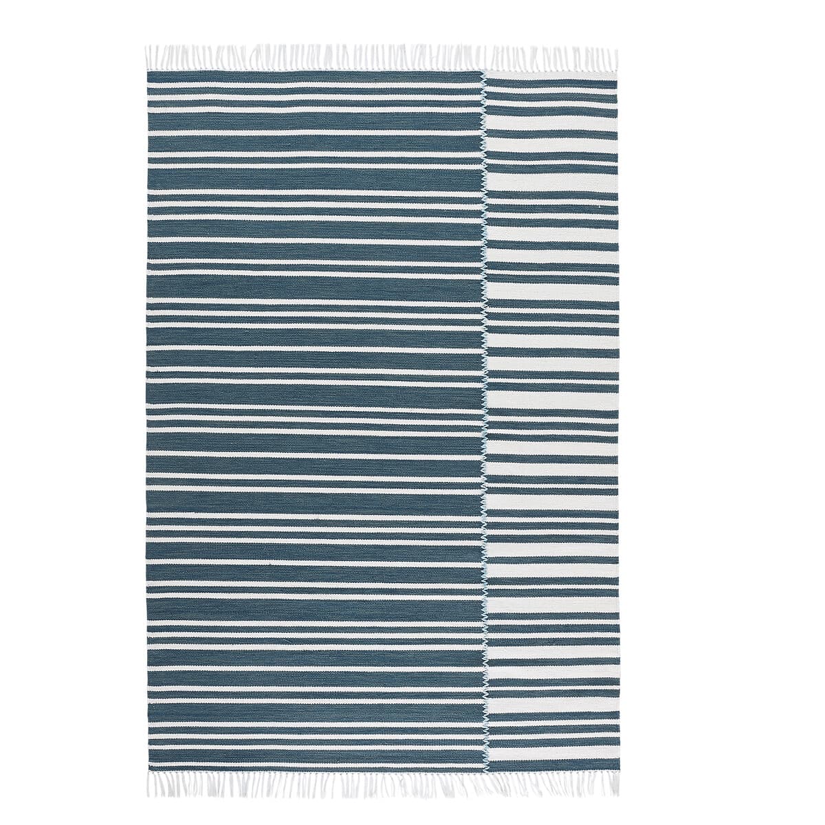 Alfombra de algodón a rayas azul y blanco