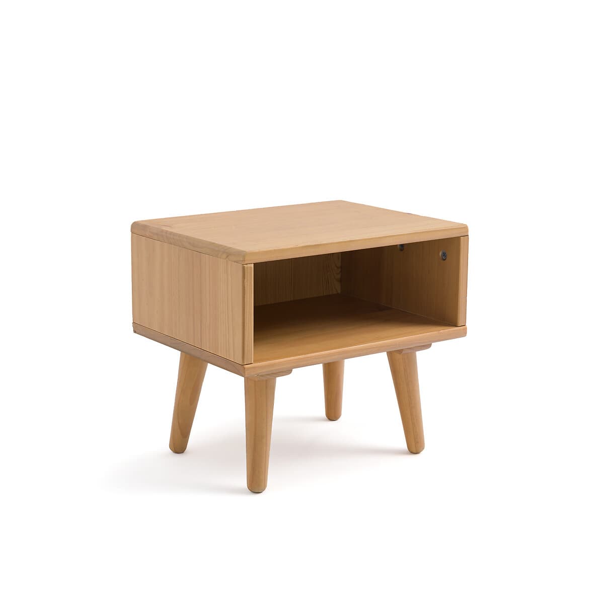 Mesita de noche de madera clara con estante