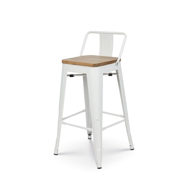 Taburete alto industrial blanco con asiento de madera