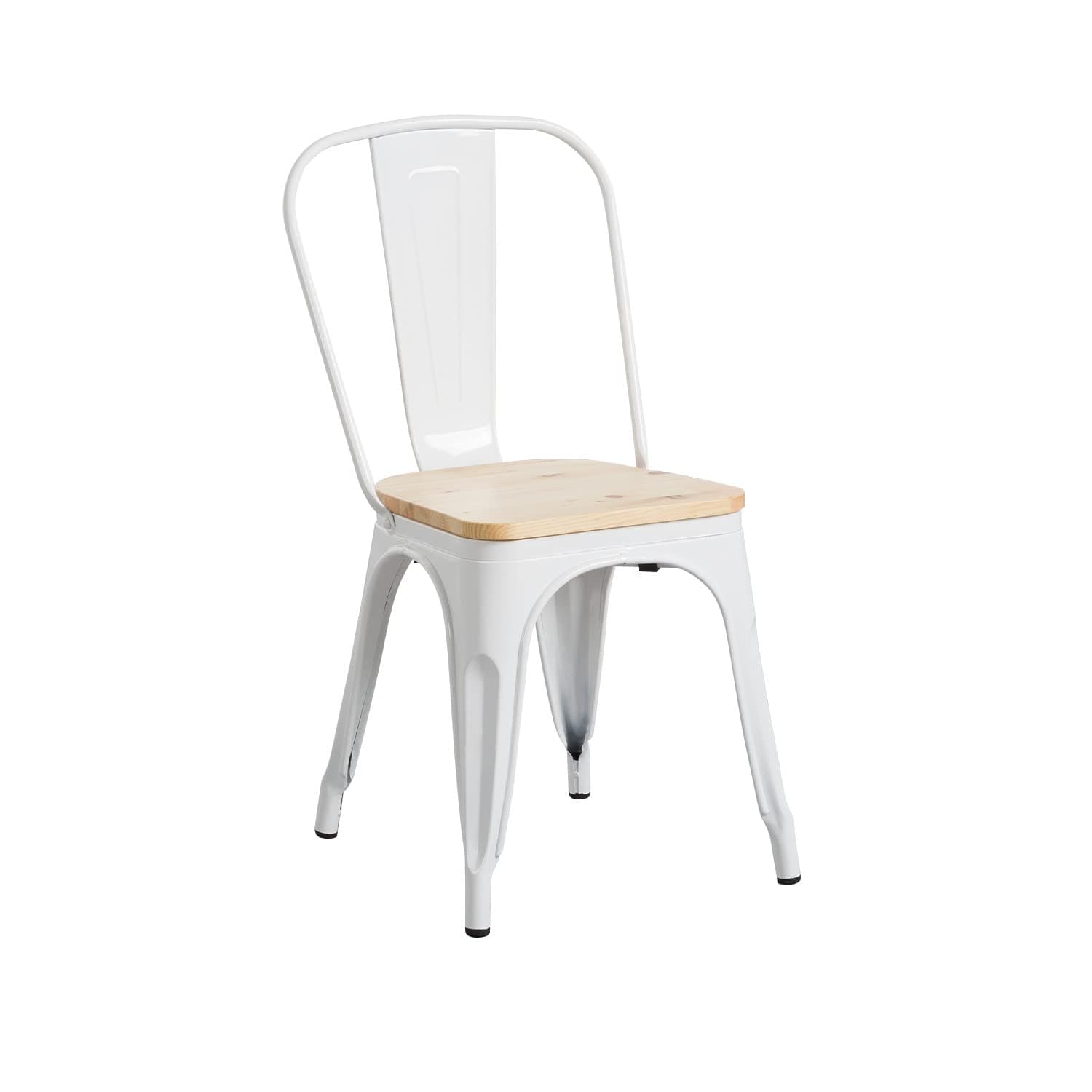 Silla de comedor industrial blanca con asiento de madera