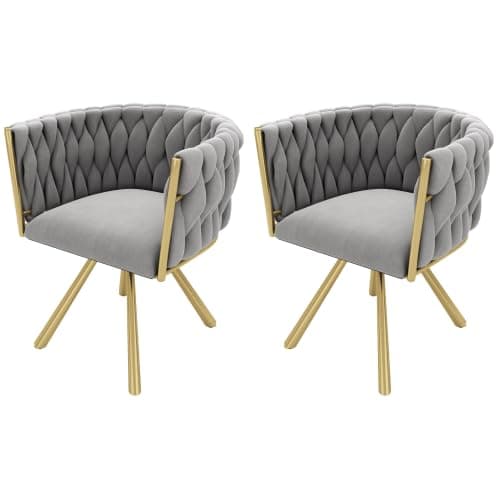 Silla de comedor tapizada en terciopelo gris con patas doradas