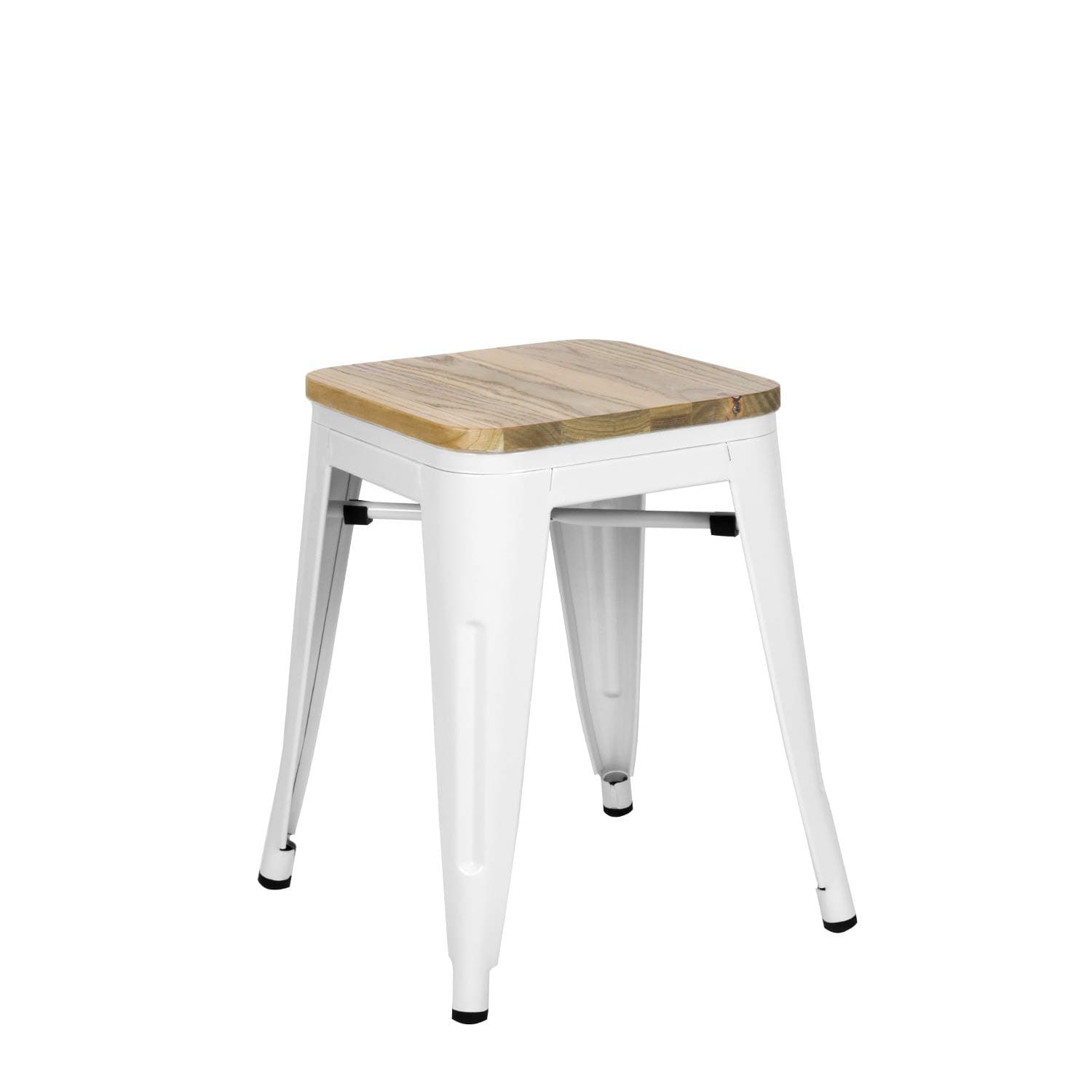 Taburete industrial de metal blanco y madera clara