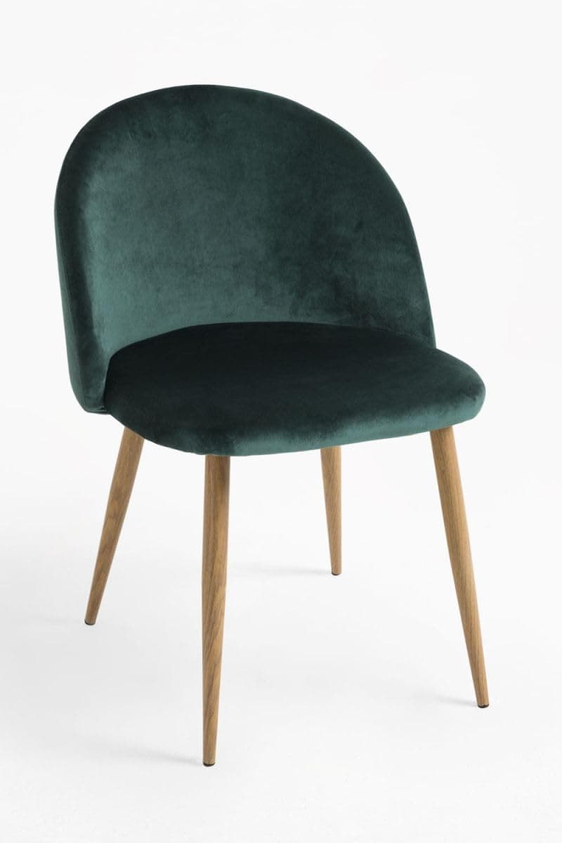 Silla de comedor tapizada en terciopelo verde con patas de madera