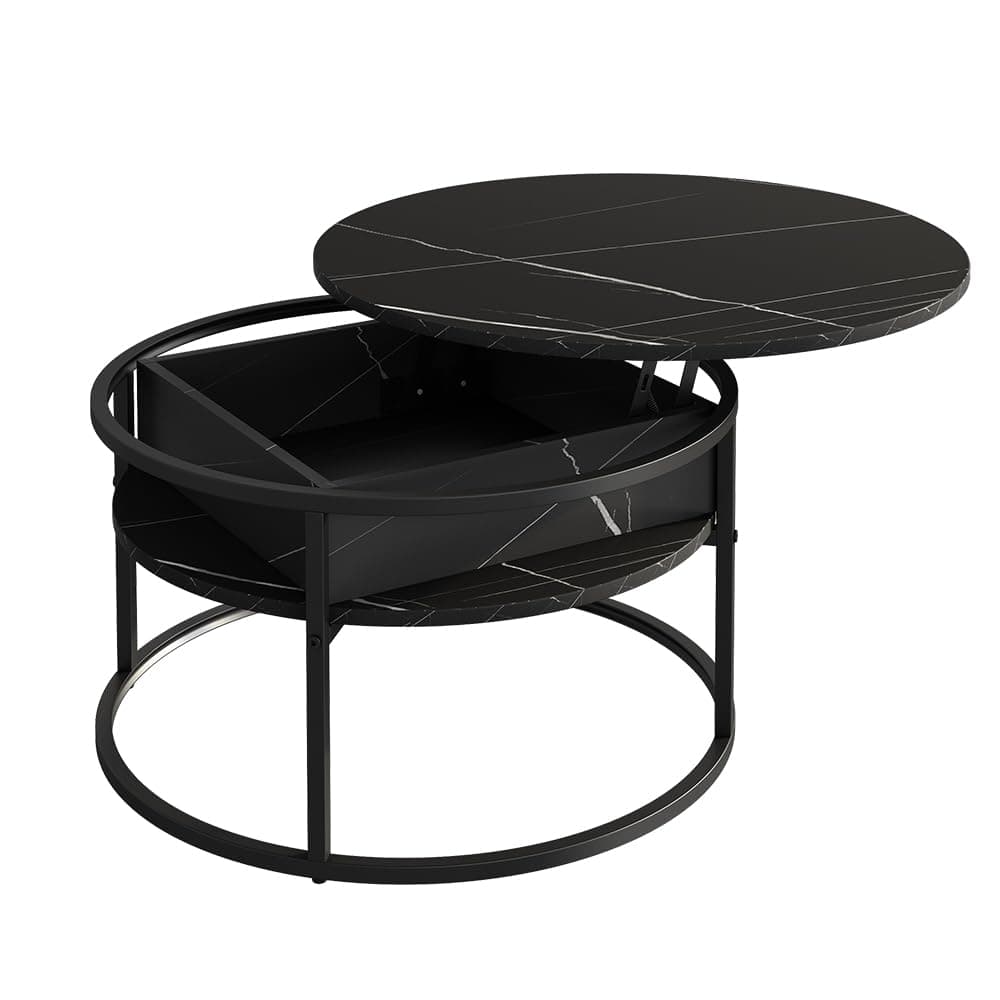 Mesa de centro redonda elevable negra con tapa de mármol