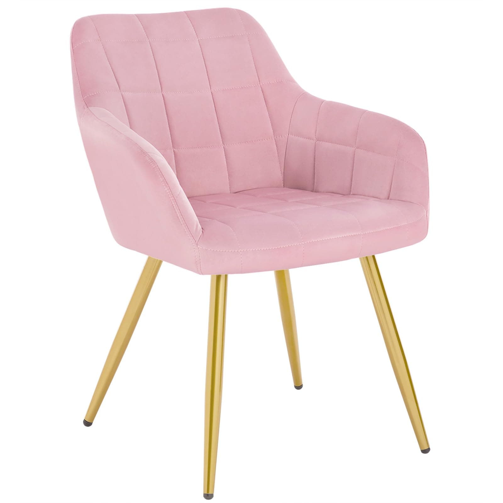 Silla de comedor tapizada en terciopelo rosa con patas doradas
