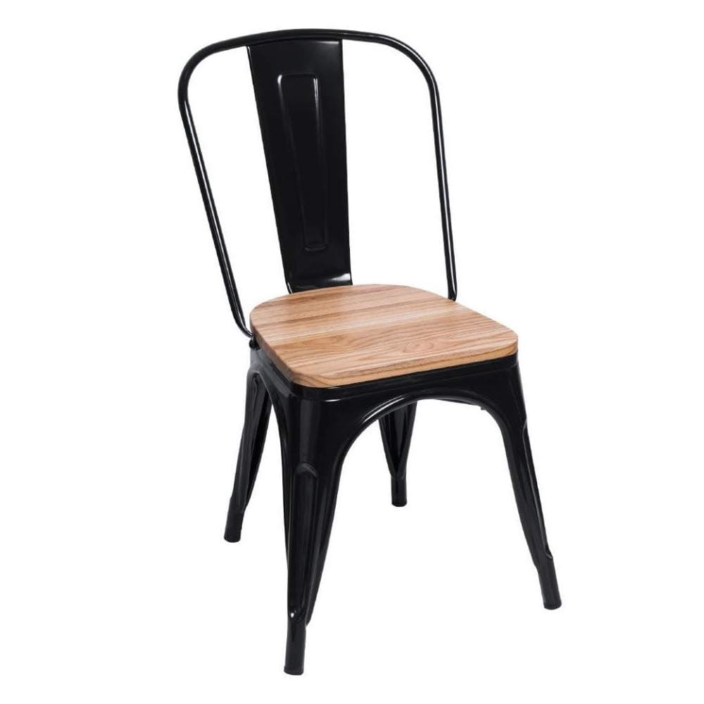 Silla Industrial de Metal Negro con Asiento de Madera Clara