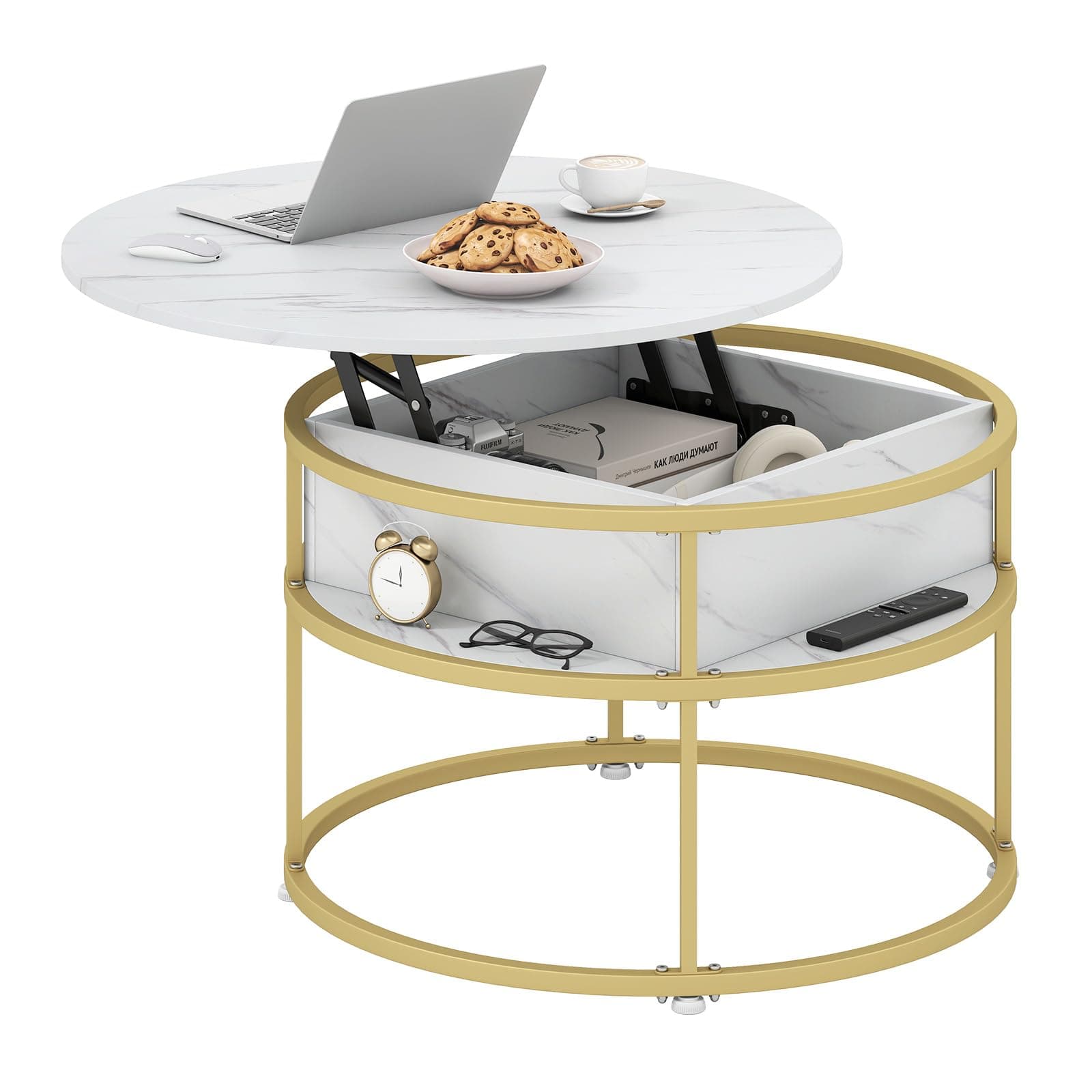 Mesa de centro elevable redonda con estructura dorada