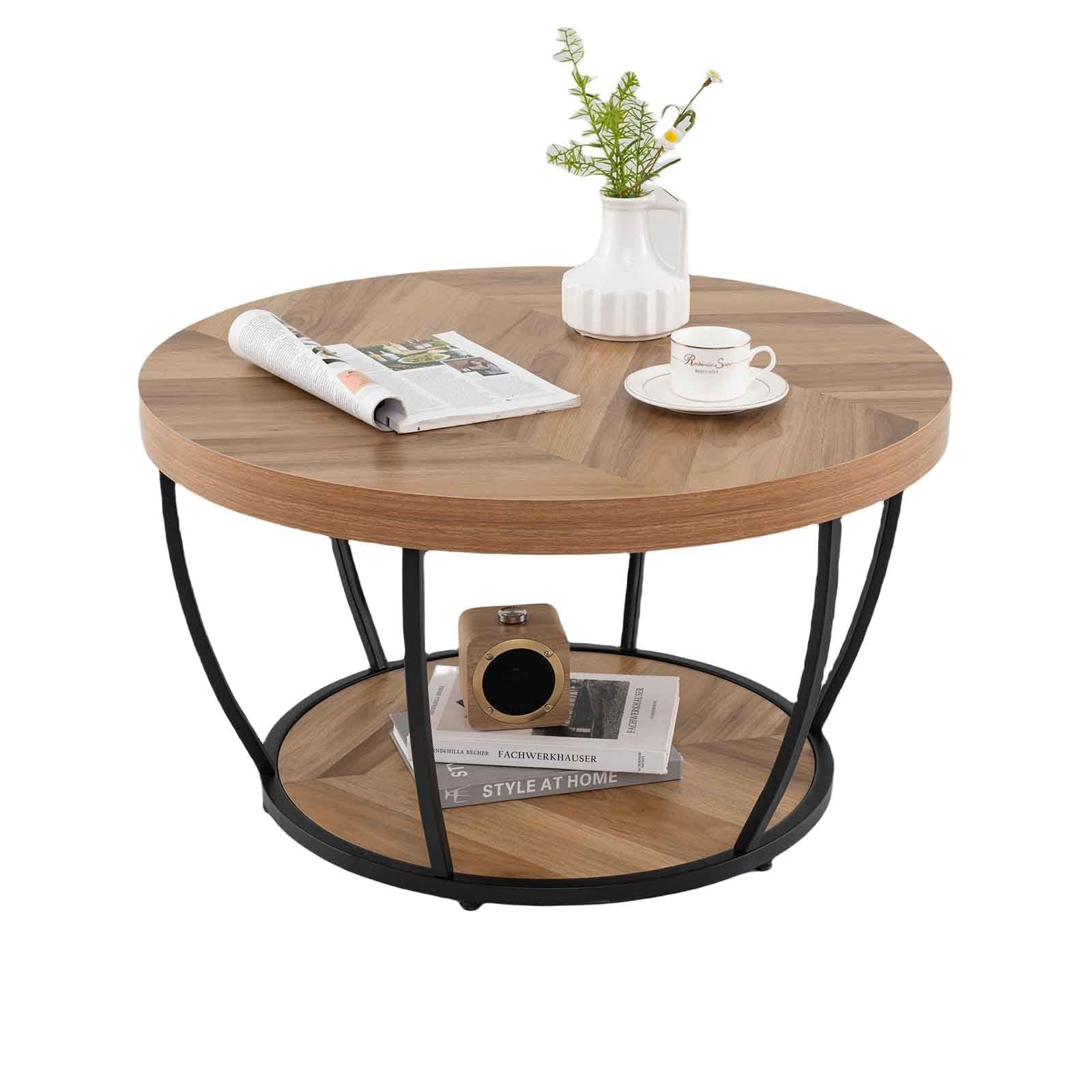 Mesa de centro redonda de madera con base de metal negra