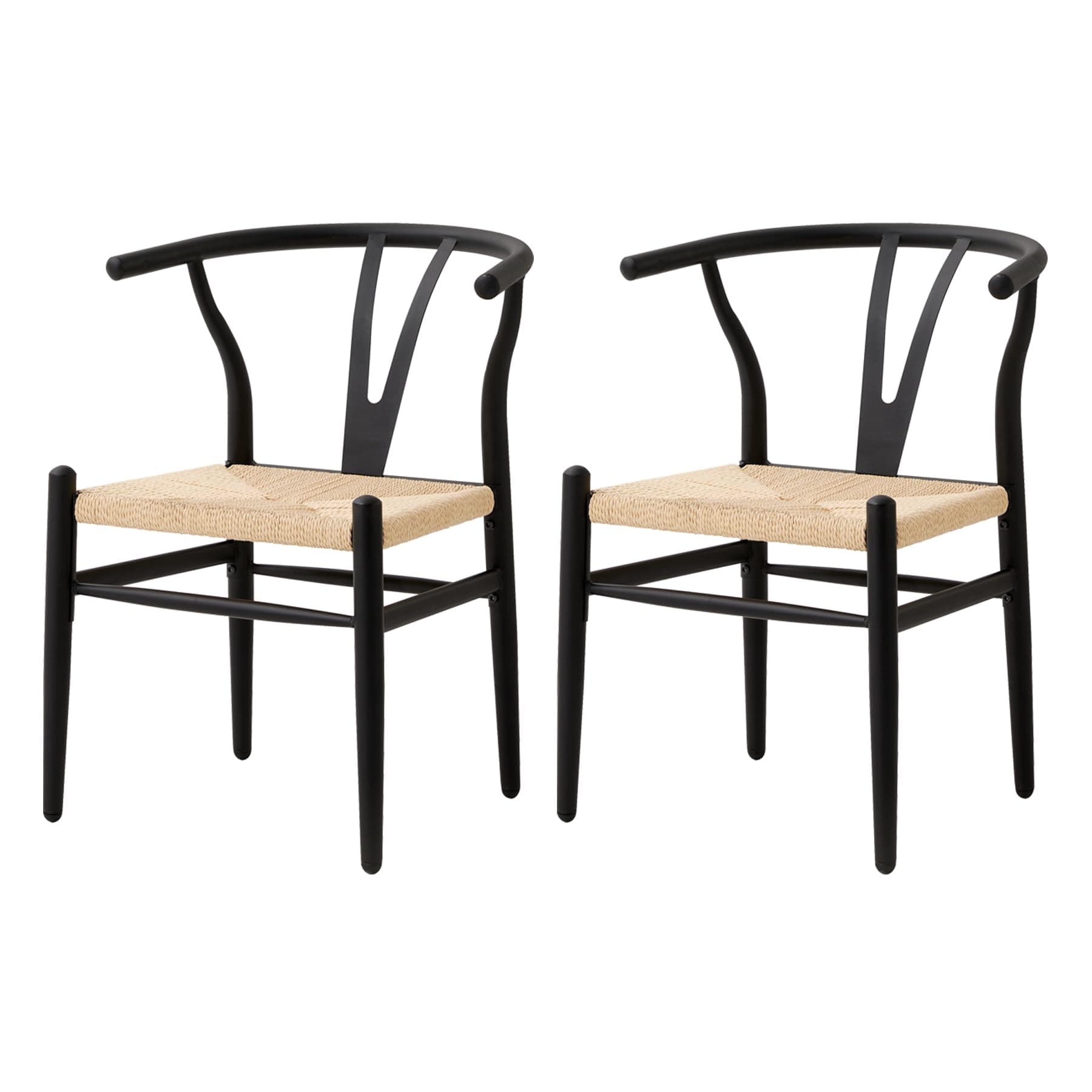 Silla Wishbone de madera negra y asiento de ratán natural