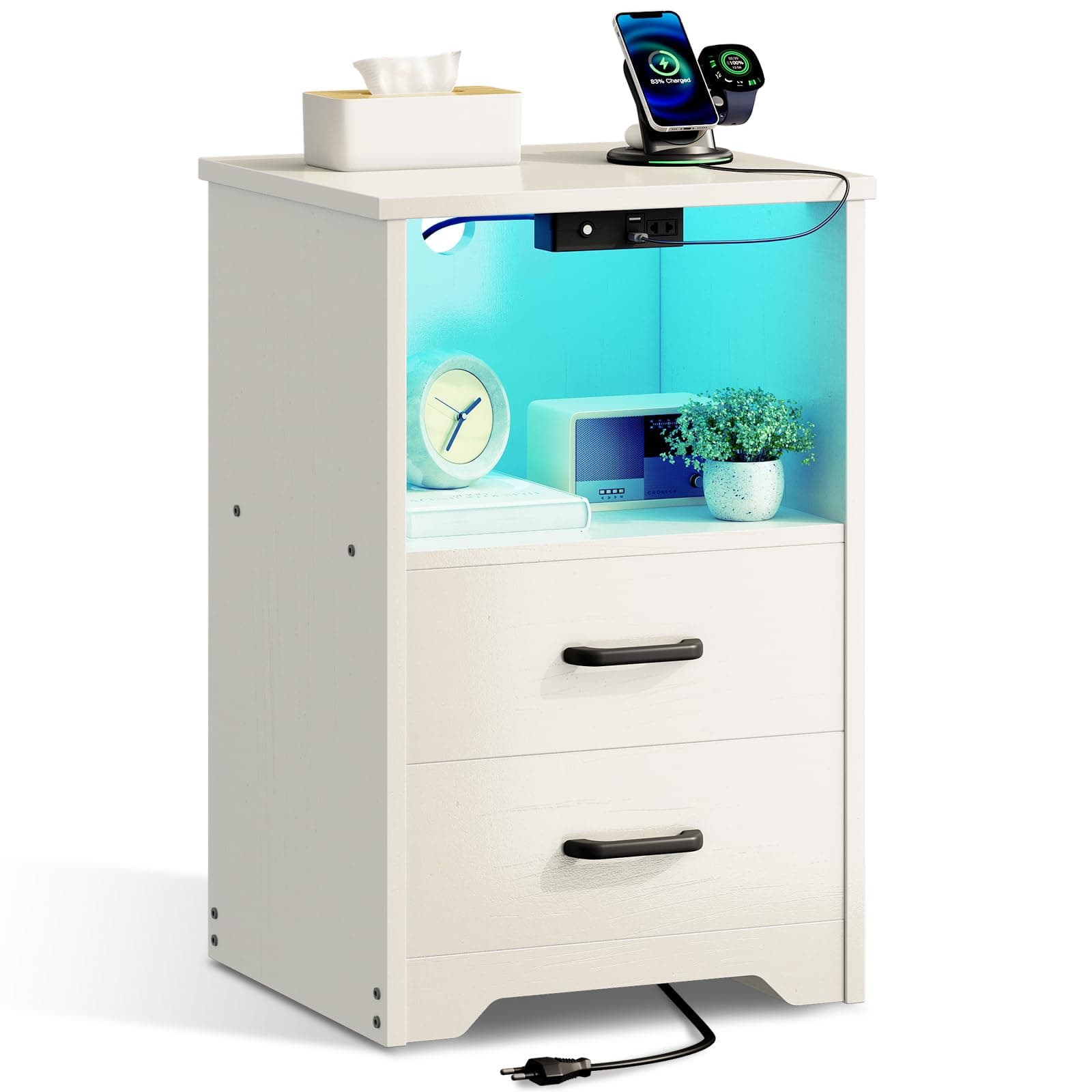 Mesita de noche blanca con cargador inalámbrico