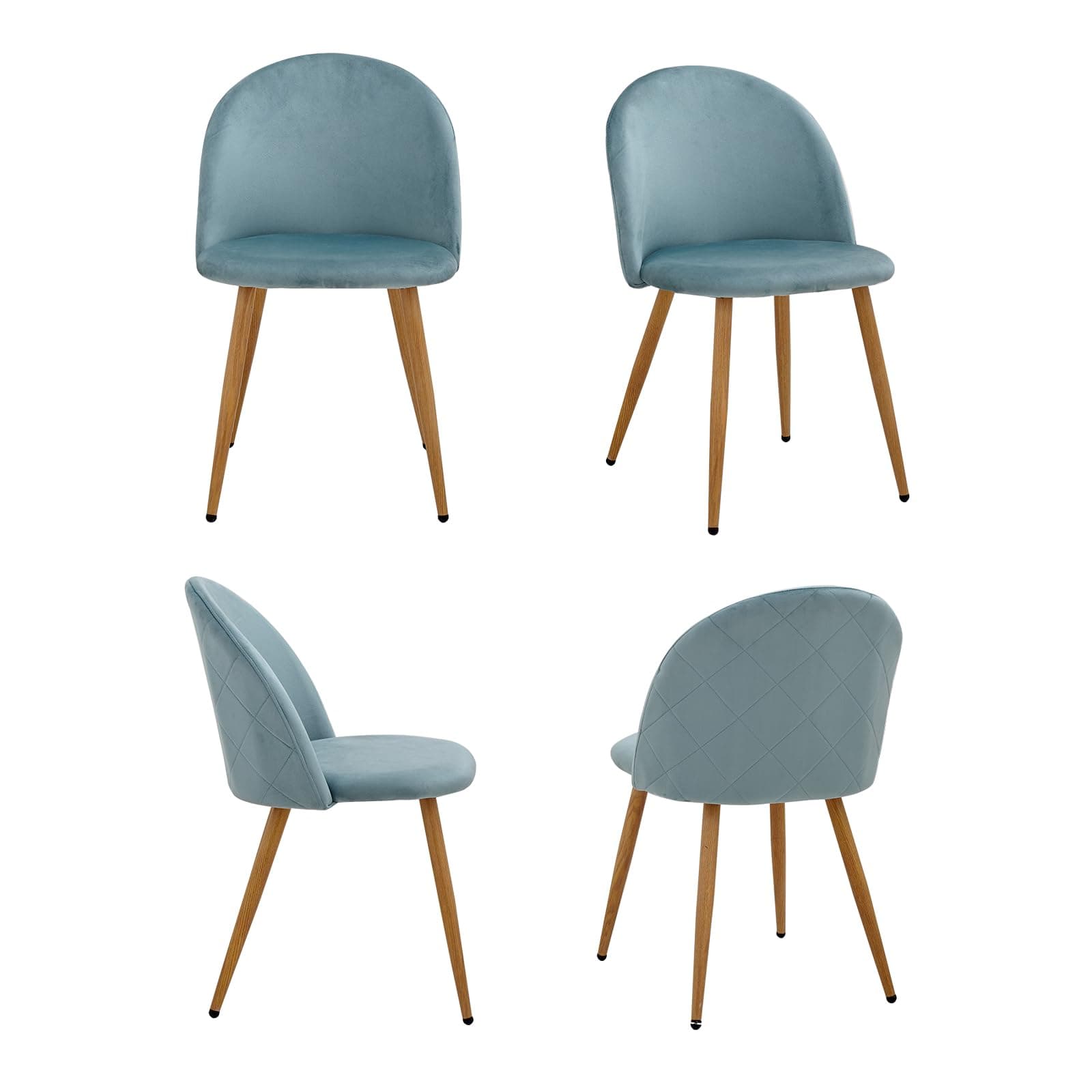 Silla de comedor tapizada en terciopelo azul con patas de madera